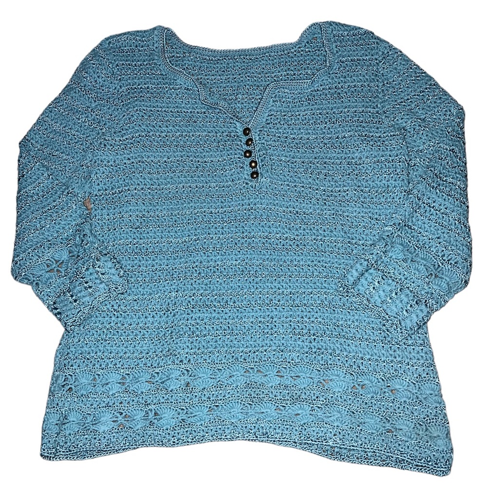 blue crochet sweater with buttons